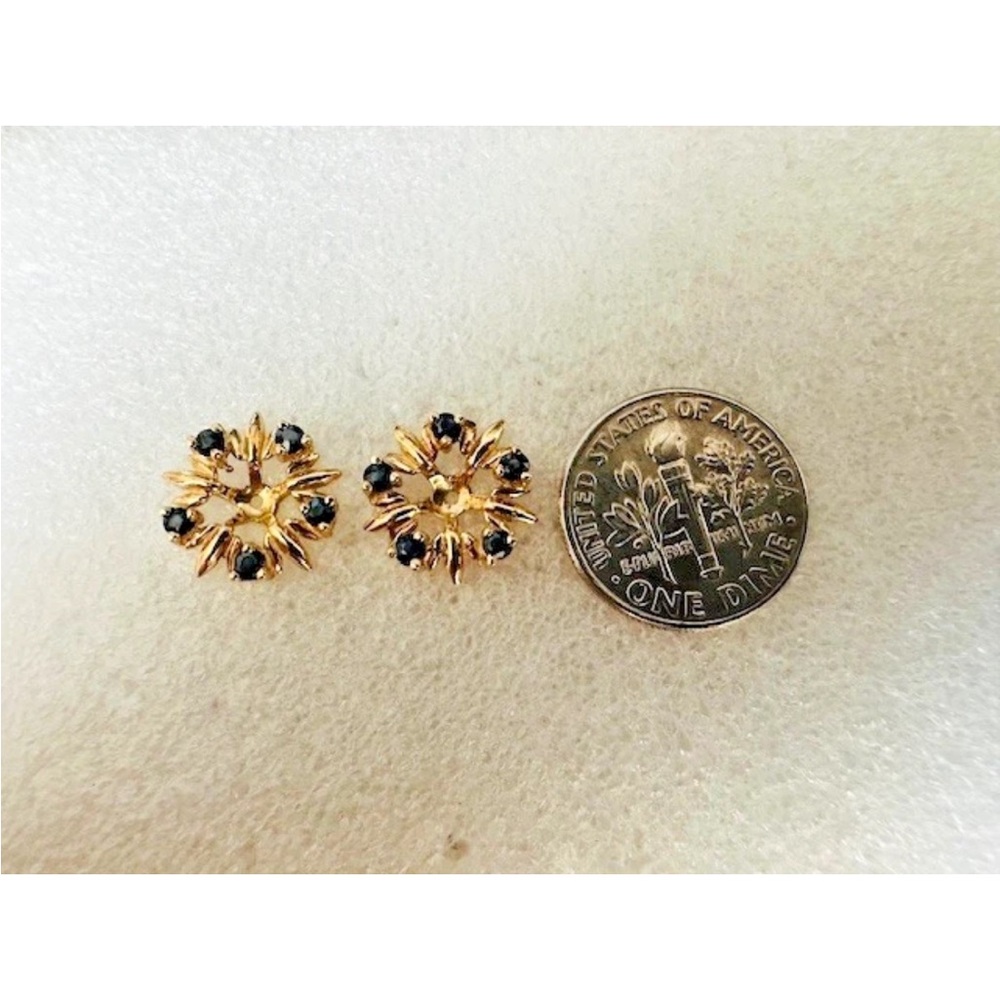 Estate 14K Yellow Gold Sapphire Stud Earring "Flower" Jackets - Picture 7 of 8